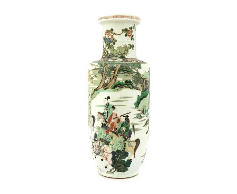 A Chinese famille verte vase, of rouleau form, painted with figures riding horses in a landscape, 46cm highCondition report: 