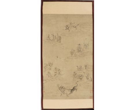 A Chinese hanging scroll, in the style of Ding Yunpeng, painted with Buddhist immortals among clouds, ink on silk, 72 x 37.6c