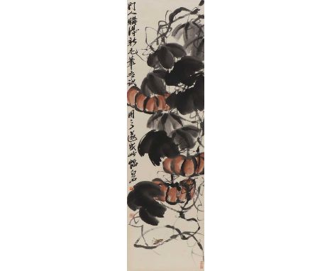 A Chinese hanging scroll, of a print by Rongbao Zhai, with pumpkins in the style of Qi Baishi, 136 x 33cmCondition report: Mo