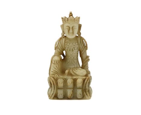 A Chinese jade bodhisattva,seated on a double lotus pedestal, wearing elaborate jewellery, 12.5cm high玉雕菩萨坐像Condition report: