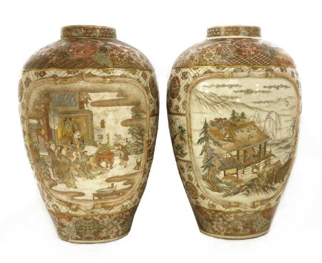 A large pair of Japanese Satsuma ware vases,Meiji period (1868-1912), of ovoid form, painted with literati with attendants in