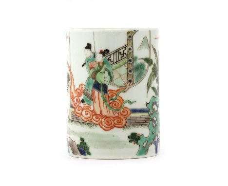 A Chinese wucai brush pot, of cylindrical form, painted with figures in a garden, 13.8cm highCondition report: Surface scratc