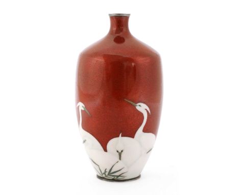 A Japanese Ginbari wireless cloisonné vase, early 20th century, by Kumeno Teitaro (1861-1939), of ovoid form, enamelled with 