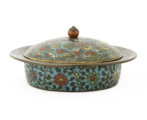 A Chinese cloisonné zhadou and cover, late Ming dynasty, of cylindrical form with a flat everted rim, enamelled with scrollin