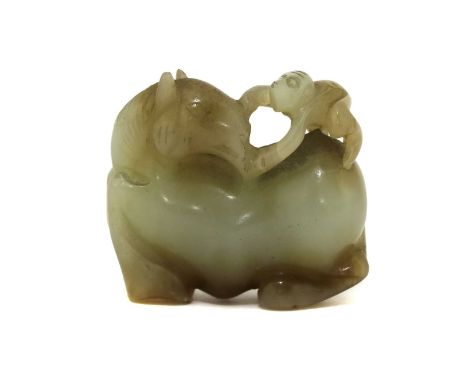 A Chinese jade carving, late Qing dynasty, of a monkey seated on the back of a recumbent horse, 4cm long 清晚期 玉雕马上封侯把件Conditio