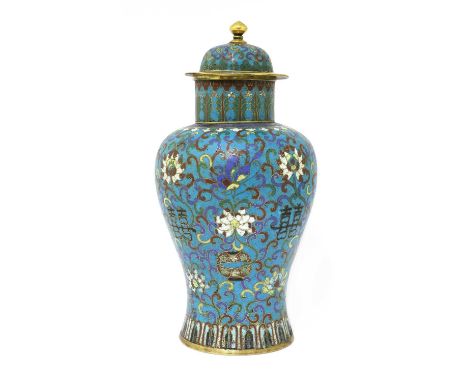 A Chinese cloisonné vase and cover,19th century, of baluster form, enamelled with double xi characters surrounded by butterfl