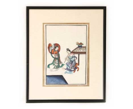 Three Chinese pith paper paintings,19th century, with numerous figures, 19 x 32cm, framed and glazed, and three further paint