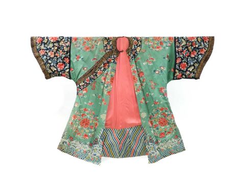 Two Chinese embroidered robes, Qing dynasty (1644-1911), both with butterflies and flowers in roundels, surrounded by sprigs 