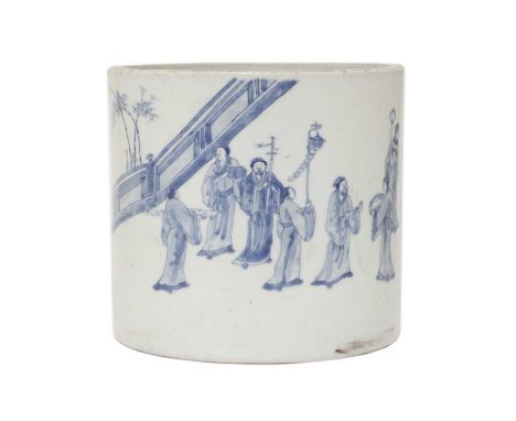 A Chinese blue and white brush pot,Kangxi (1662-1722), of cylindrical form, painted with an emperor meeting officials in a co