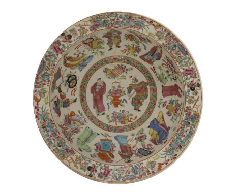 A Chinese famille rose basin, 19th century, the rounded sides rising to an everted rim, painted with historical figures among