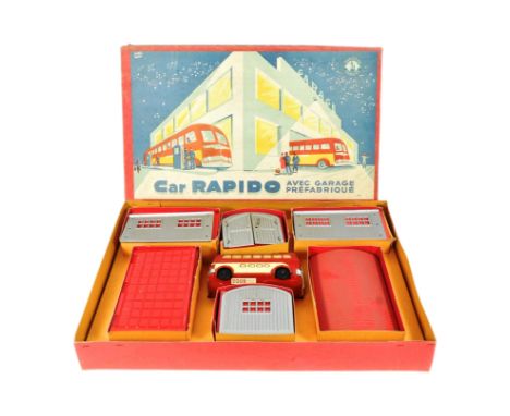 Tinplate Toys - a vintage French made (Joustra) tinplate friction motor garage set comprising a Broadway bus and garage with 