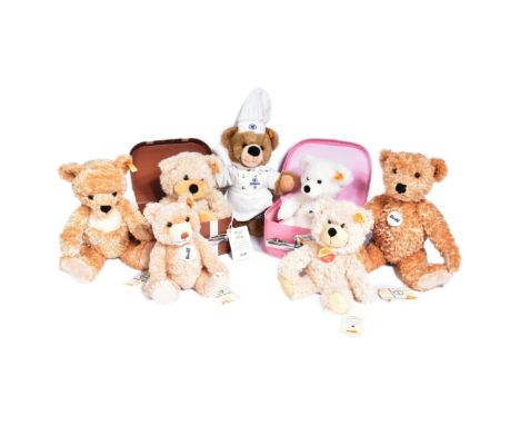 Teddy Bears - a collection of x7 original German Steiff made soft toy teddy bears comprising; 111563 Lotte bear in suitcase, 