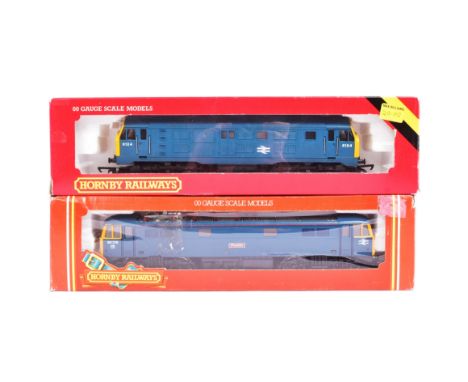 Two vintage Hornby OO gauge model railway trainset locomotive engines, comprising of R084 B.R. Class 29 Diesel in Blue, and R