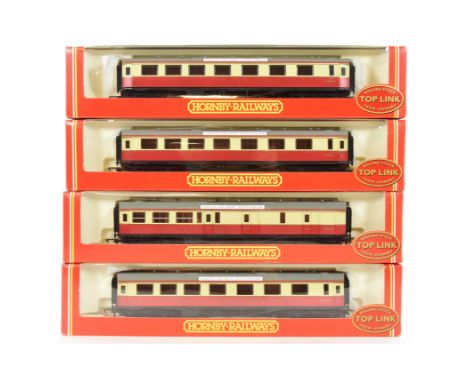 Four vintage Hornby OO gauge model railway trainset coaches, comprising of x3 R4028 BR Centenary Composite coaches and x1 R40