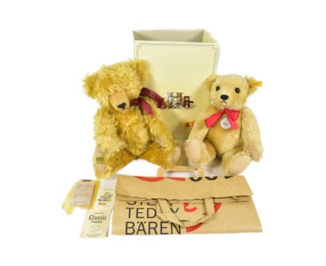 Teddy Bears - x2 soft toy teddy bears with growlers comprising a German Steiff 1909 replica bear (000379) and Merrythought We