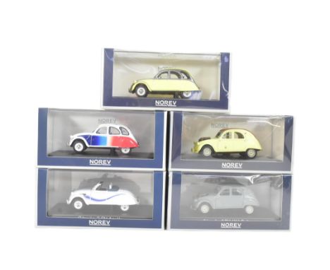 Diecast - a collection of x5 Norev made 1/42 scale boxed diecast model Citroen cars comprising 2CV 4x4 Sahara, 2CV Azelle and