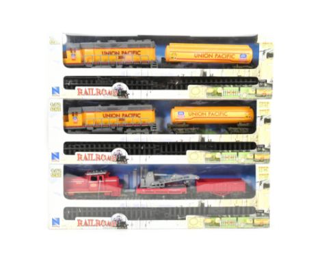 Model Railway - x2 Newray 1/72 scale model railway battery operated locomotive sets comprising x2 Union Pacific and x1 with c