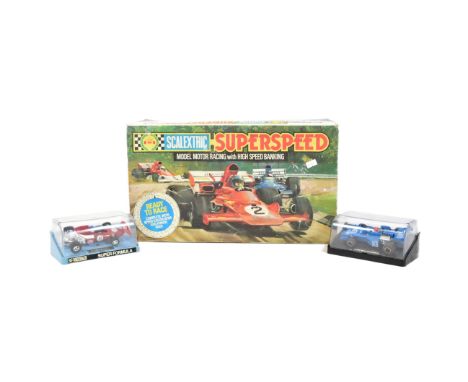 Scalextric - a vintage Scalextric slot car racing set No. C547 Superspeed along with x2 additional cars comprising Elf Tyrrel