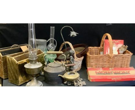 boxes &amp; Objects - a set of three graduated oval painted floral trays; two wicker baskets; oil lamps; spelter effect table
