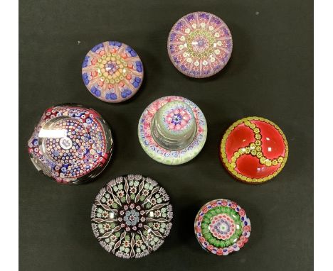 A Stourbridge millefiori inkwell and stopper;  a Whitefriars coronation paperweight;    Perthshire paperweights;  etc 