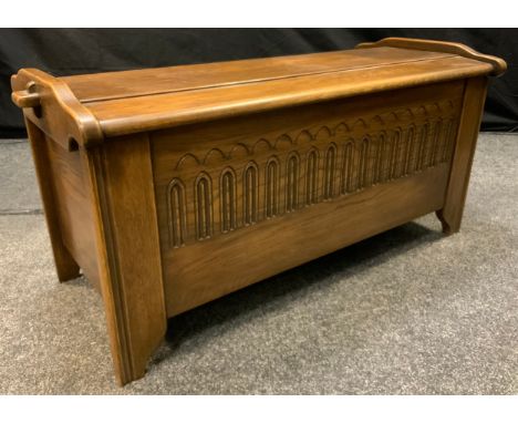 A light oak step top blanket box, linen fold front, 9cm high, 105cm wide, 47cm deep 