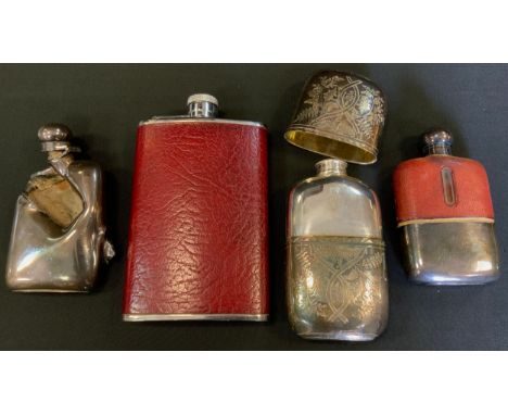 An Edwardian silver plated hip flask, pull cup cover, chased floral decoration, PA &amp; SS; others leather and glass etc, on