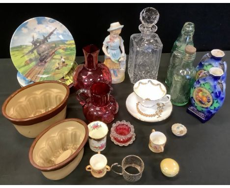 Ceramics &amp; Glass - a miniature Royal Worcester blush ivory tyg;  Goss;  Buckingham Palace cup and saucer; cranberry glass