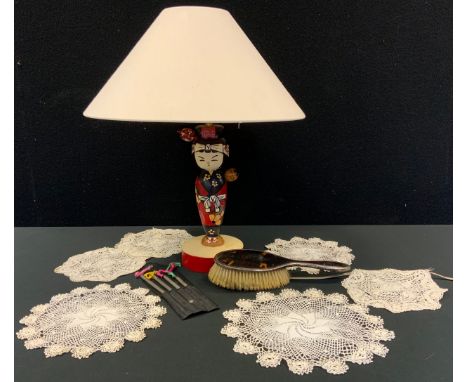 A set of four silver bridge pencils, Birmingham 1950, cased; an Oriental Japanese table lamp;  lace doilies etc 