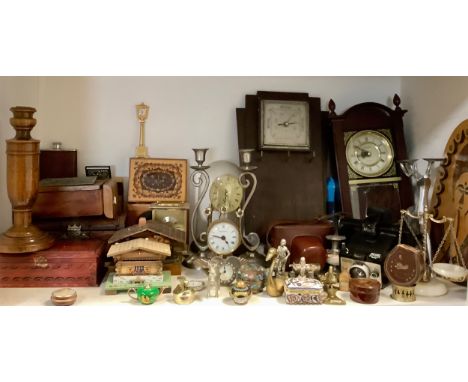 An oak barometer;  Quarts anniversary clock;  musical jewellery boxes;  cloisonné trinket boxes;  cameras;  etc 