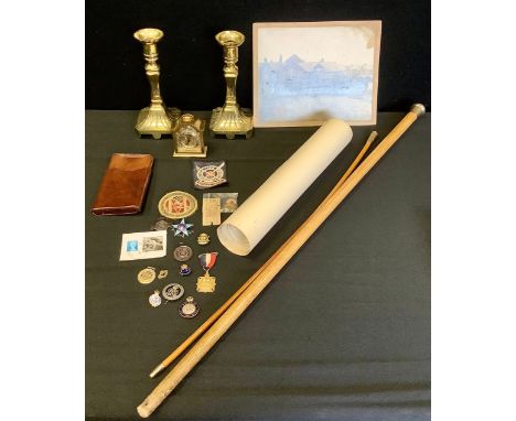 A silver enamelled star badge, inscribed RME;  Royal Life Saving medal;  leather cigar case;  officers swagger stick;  brass 