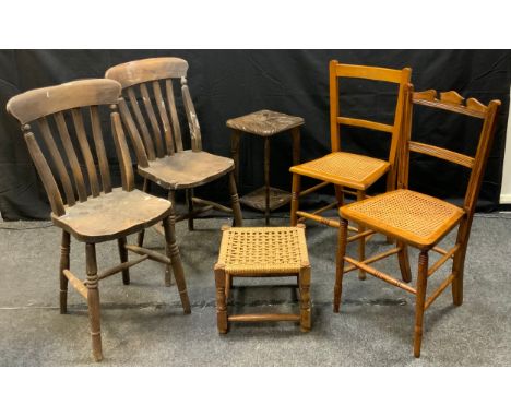 A pair of 19th century elm lath-back kitchen / dining chairs;  two Edwardian bedroom chairs;  a small carved lamp table; a fo