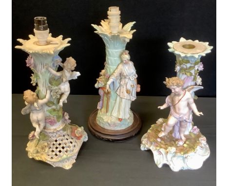 A German figural lamp bases, in pastel tones, 32cm high, c.1880;  others (3) 