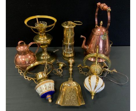 A Thomas &amp; Williams miner's lamp;  a copper coffee pot;  a copper jersey jug;  light fittings 