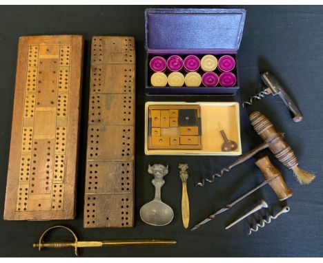 A 19th century corkscrew, turned brushed handle;  others, folding,  pin top;  lead pixie head caddy spoon;  book mark,  cribb