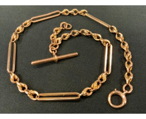 A 9ct rose gold fancy link Albert Chain necklace, T bar stamped 375, 39cm long, 21g 