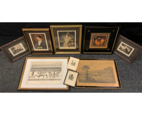 Pictures - G Stubbs, after, Lady Lade and Currickle, monochrome, framed;  Temple of Antoninus and Faustina, Rome, print; Chat