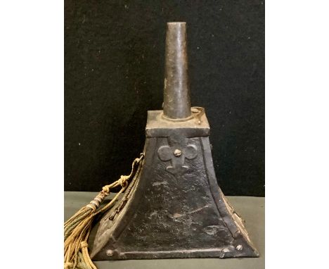 An 18th century style powder flask, inverted triangular body with metal bound corners, wrought iron action, tapering spout, 2