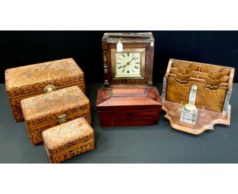 Boxes &amp; Objects - an early 20th century oak standish, the shaped serpentine base with cut glass inkwell, pen rest and let