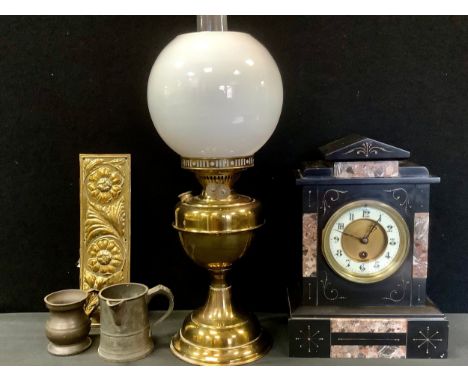 A belge noir and red marble mantel clock, cream dial, Arabic numerals, architectural case c.1890;  oil lamp; brass door plate