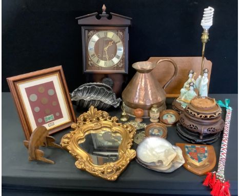 Boxes and Objects - a copper haystack measure;  President wall clock;  figural lamp;  hardwood stands;  a pewter shaped oval 