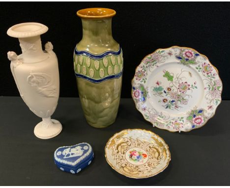 A Royal Doulton vase (drilled as a lamp base);  Wedgwood deep blue heart trinket box and cover;  parian vase etc 