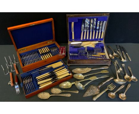 A mahogany cased H M Joel &amp; Co Sheffield six setting canteen;  another chrome plated;  assorted flatware inc pierced serv