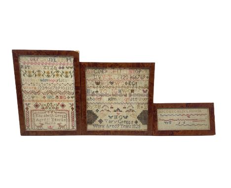 Two George IV sampler worked with the alphabet by Mary and Elizabeth Gregg, both dated 1826 and one other framed sampler, max