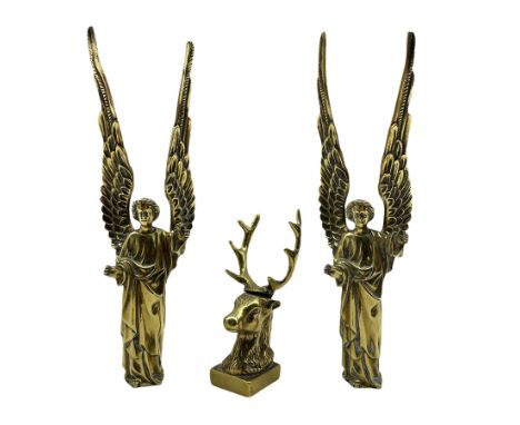 Pair of Victorian brass angels H21cm, together with a brass model of a Stag (3)