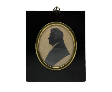 19th century silhouette head and shoulders portrait of a gentleman with grey highlights 9cm x 7cm in ebonised frame