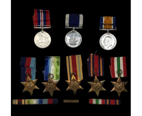 Group of seven WWII medals comprising 1939-45 Star, Atlantic Star, Africa Star with 1942-43 bar, Burma Star, Italy Star, Defe