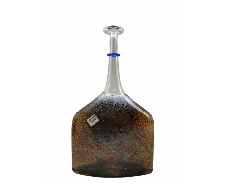 Bertil Vallien for Kosta Boda, satellite glass vase of compressed square form with bottle neck, with applied blue ring to nec