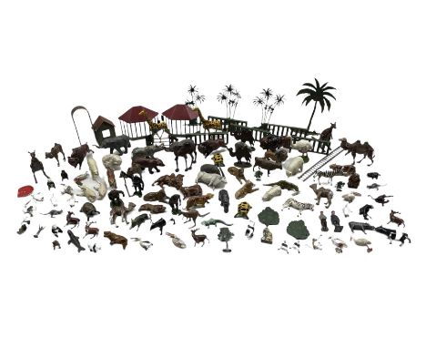 Collection of lead zoo and wild animals marked for Britains, Johillco etc, Britains palm trees, metal enclosure, zoo keeper e