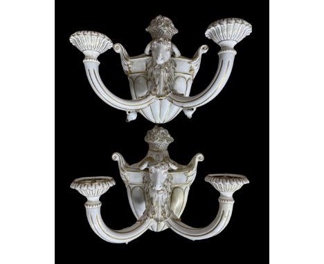 Pair of Dresden porcelain twin branch wall sconces decorated with ram masks, H28cm 