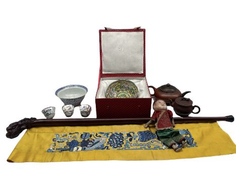 Chinese hardwood walking stick with carved handle, three Chinese Peking enamel rice wine cups, two terracotta teapots and oth